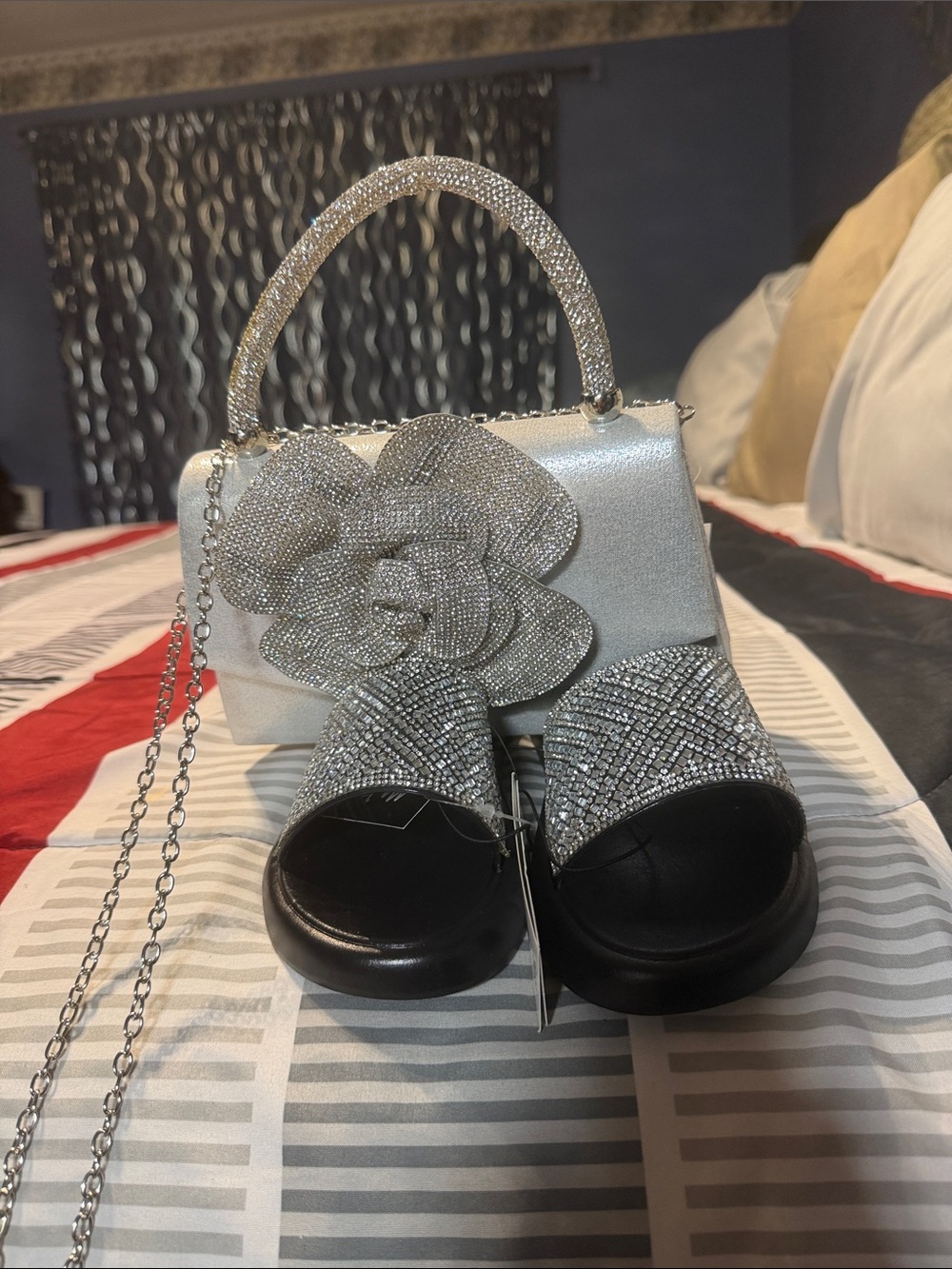 Silver Crystal Floral Top-Handle Evening Clutch